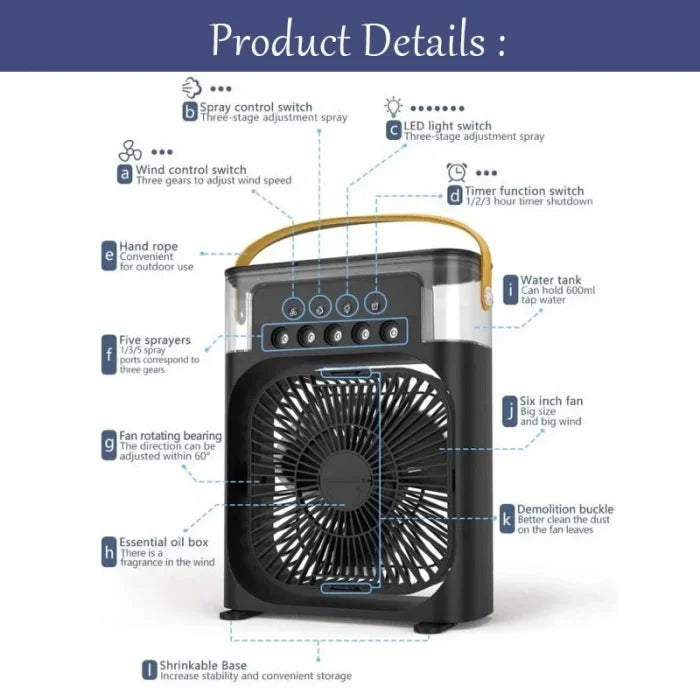 USB Mini Portable Air Cooler with 3 Wind Speed and 3 Spray Modes, Desktop Fan with a 7 colour LED light