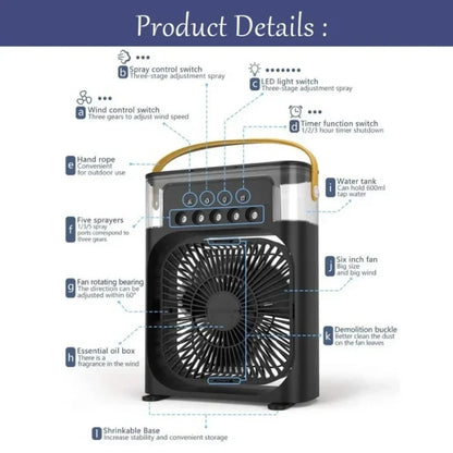 USB Mini Portable Air Cooler with 3 Wind Speed and 3 Spray Modes, Desktop Fan with a 7 colour LED light